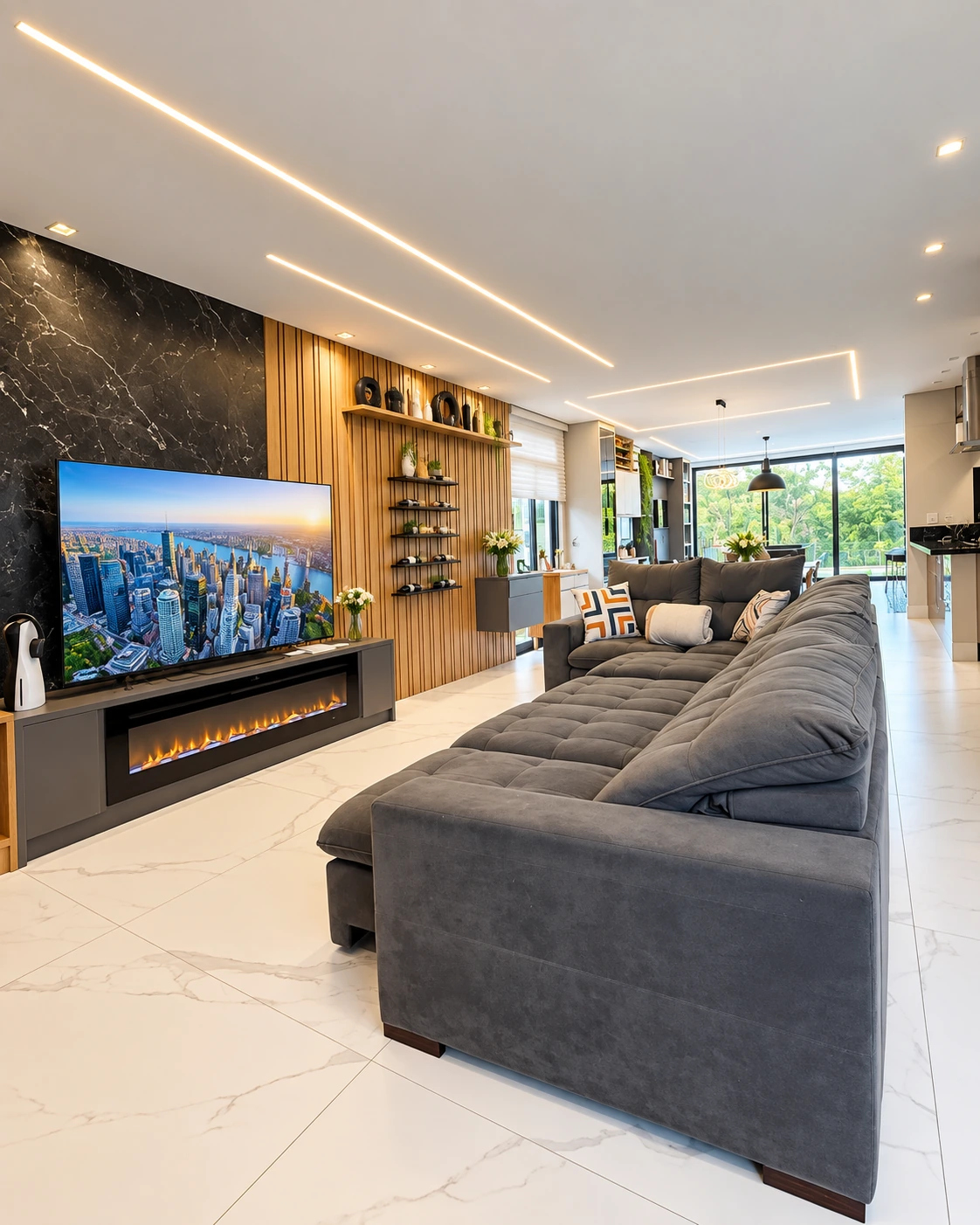 Sala integrada com sofá modular no Aruã Brisas, em Mogi das Cruzes — Ref. 0084