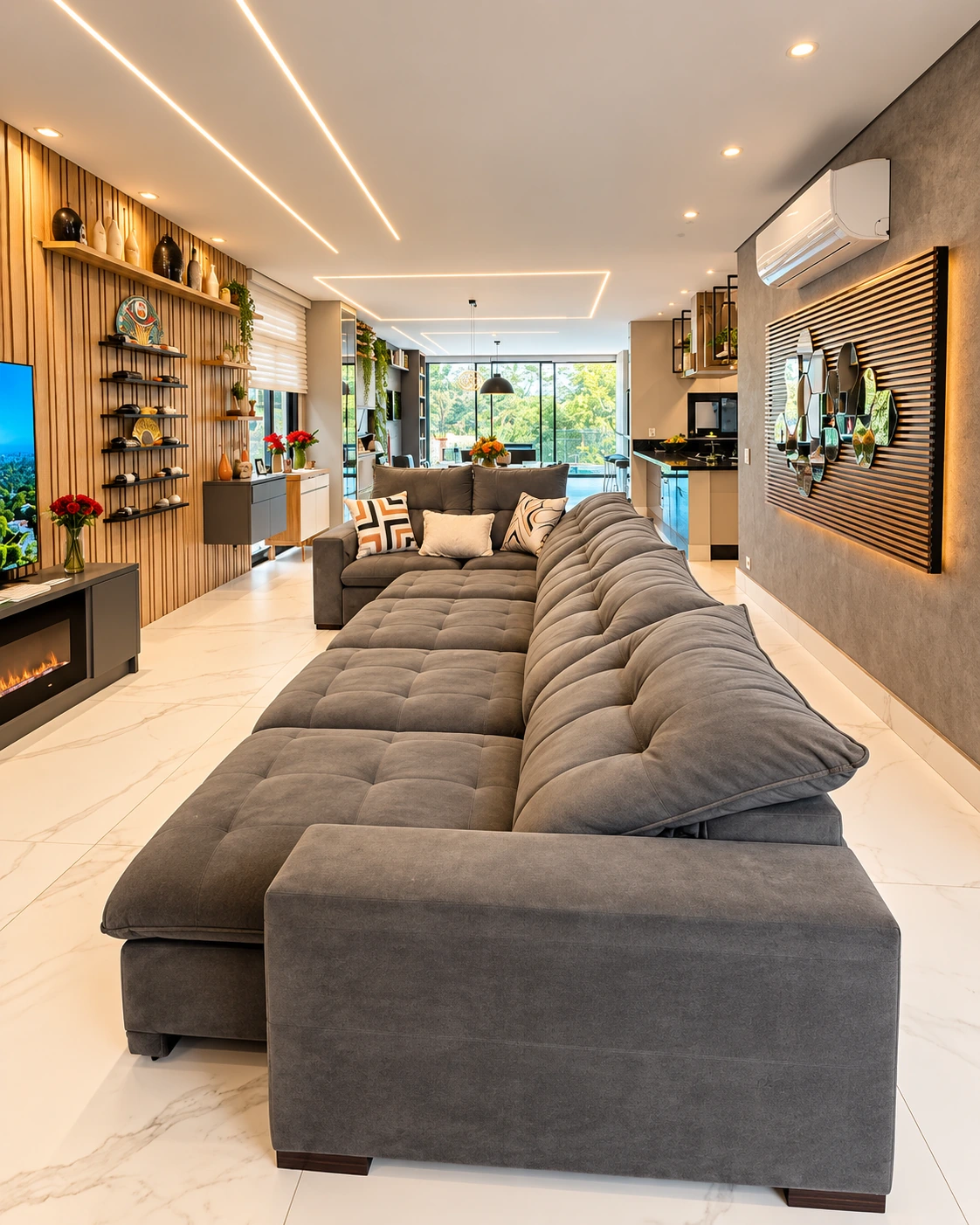 Sala de estar integrada, vista para o fundo no Aruã Brisas, em Mogi das Cruzes — Ref. 0084