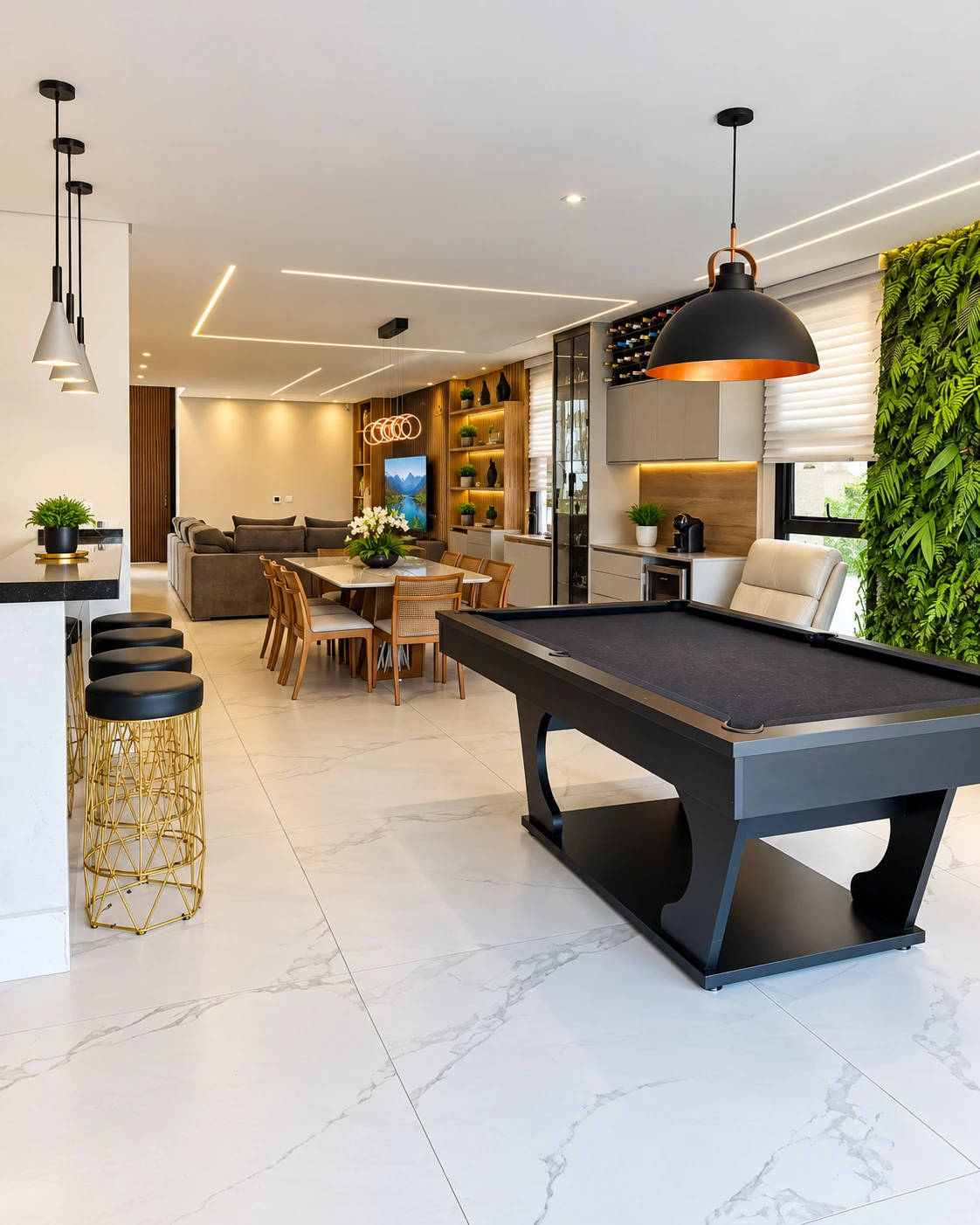 Ambientes integrados com mesa de bilhar no Aruã Brisas, em Mogi das Cruzes — Ref. 0084