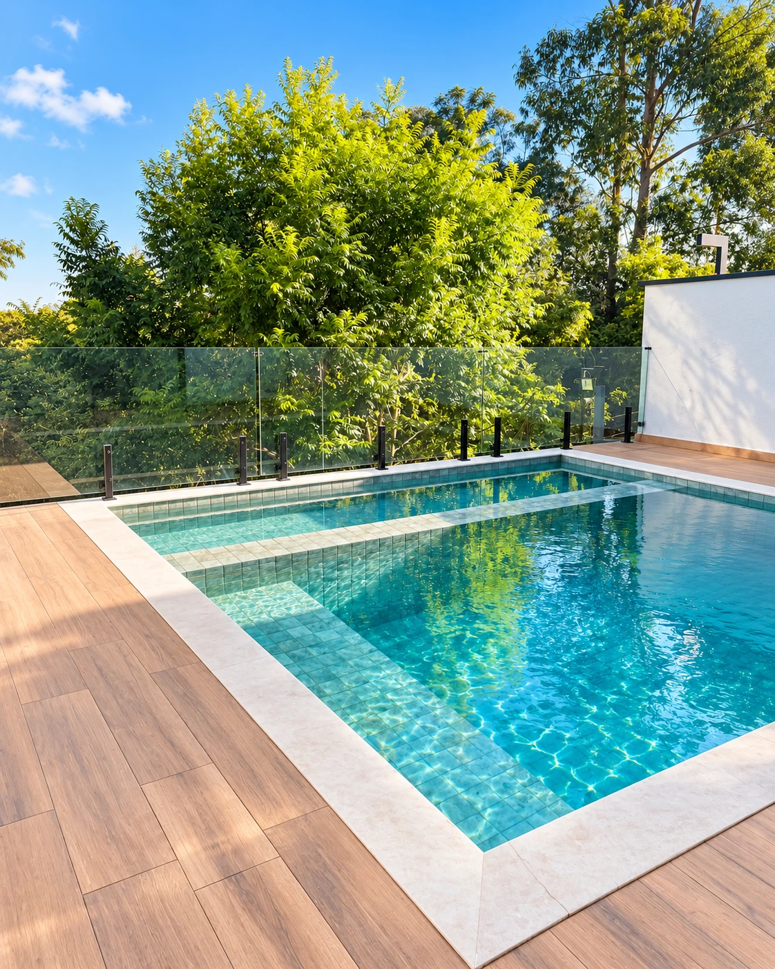 Piscina, vista do jardim no Aruã Brisas, em Mogi das Cruzes — Ref. 0084
