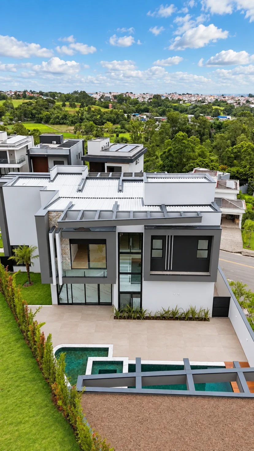 Vista elevada da casa e jardim no Aruã Brisas, em Mogi das Cruzes — Ref. 0087