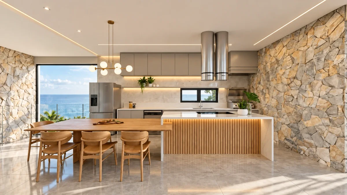 Imagem ilustrativa do projeto: cozinha com bancada e mesa de jantar no Aruã Brisas, em Mogi das Cruzes — Ref. 0092