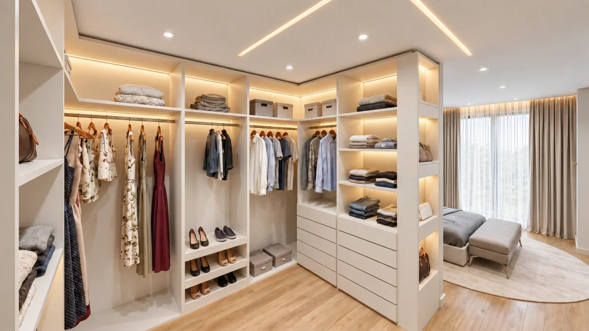 Imagem ilustrativa do projeto: closet com bancada central no Aruã Brisas, em Mogi das Cruzes — Ref. 0092