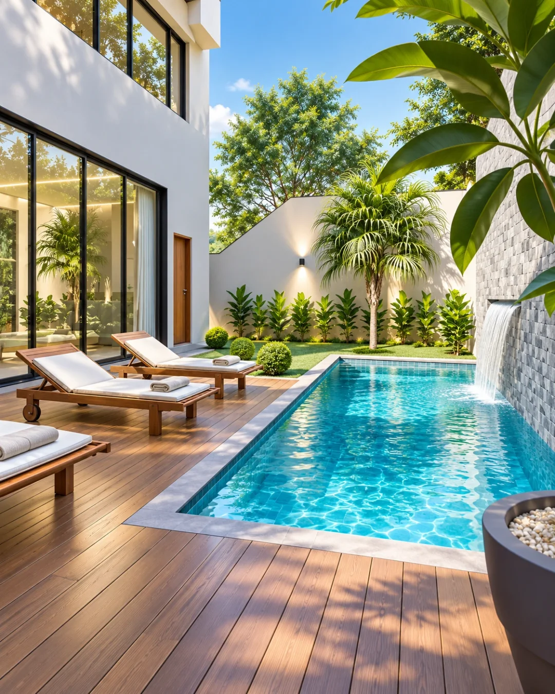 Imagem ilustrativa do projeto: vista lateral da piscina junto à casa no Arujá Ville II, em Arujá — Ref. 0086
