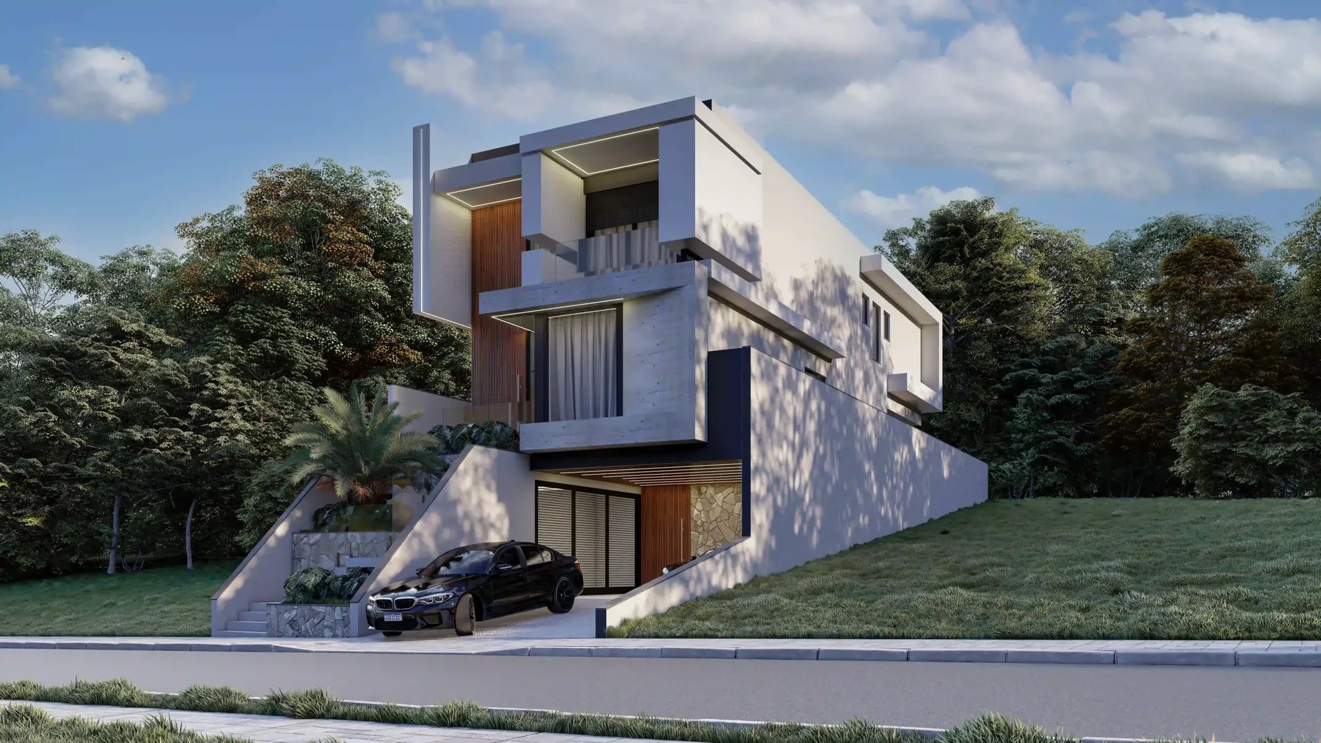 Imagem ilustrativa do projeto: fachada e acesso à garagem no Arujazinho IV, em Arujá — Ref. 0085