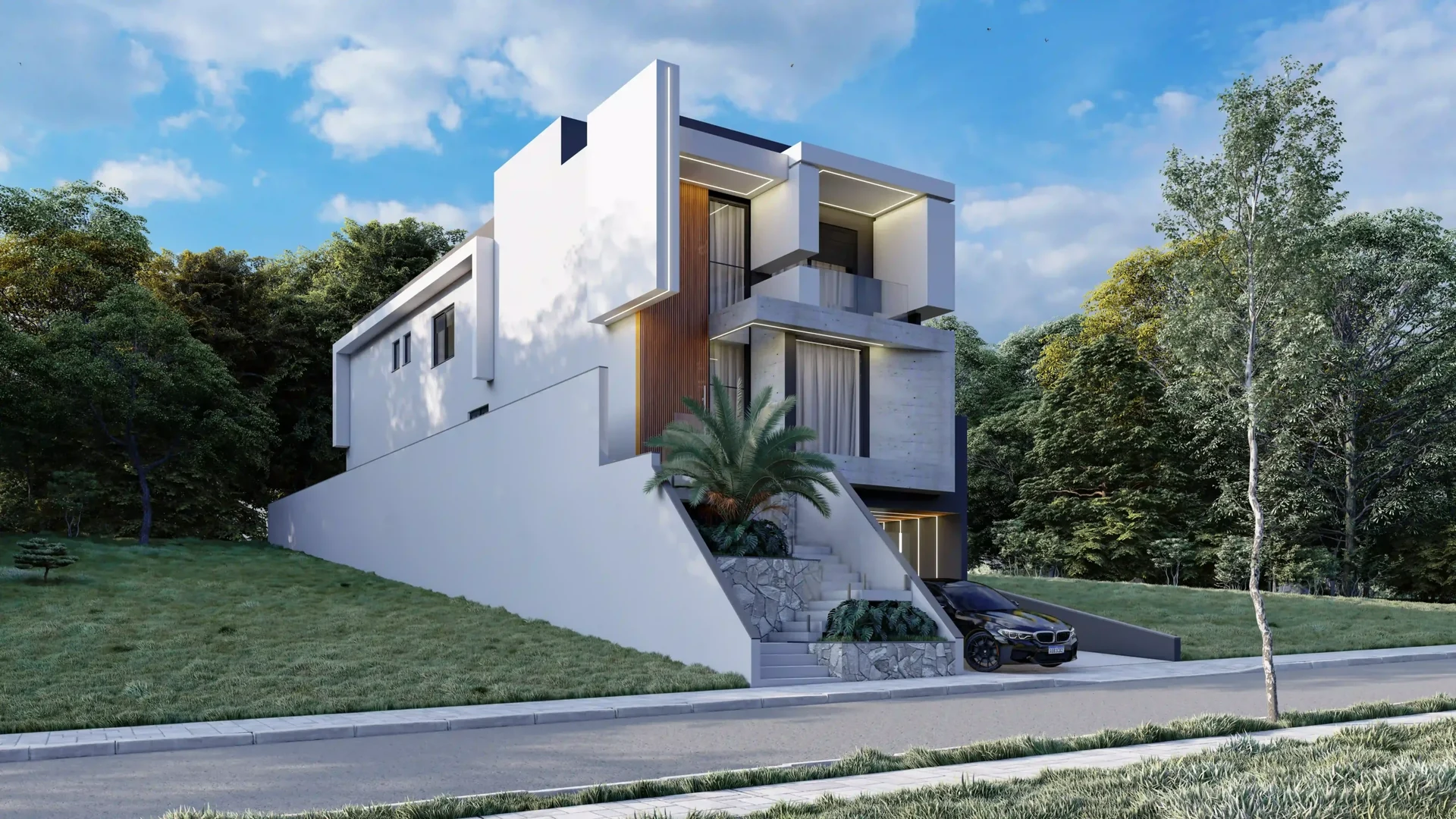 Imagem ilustrativa do projeto: perspectiva lateral da fachada no Arujazinho IV, em Arujá — Ref. 0085