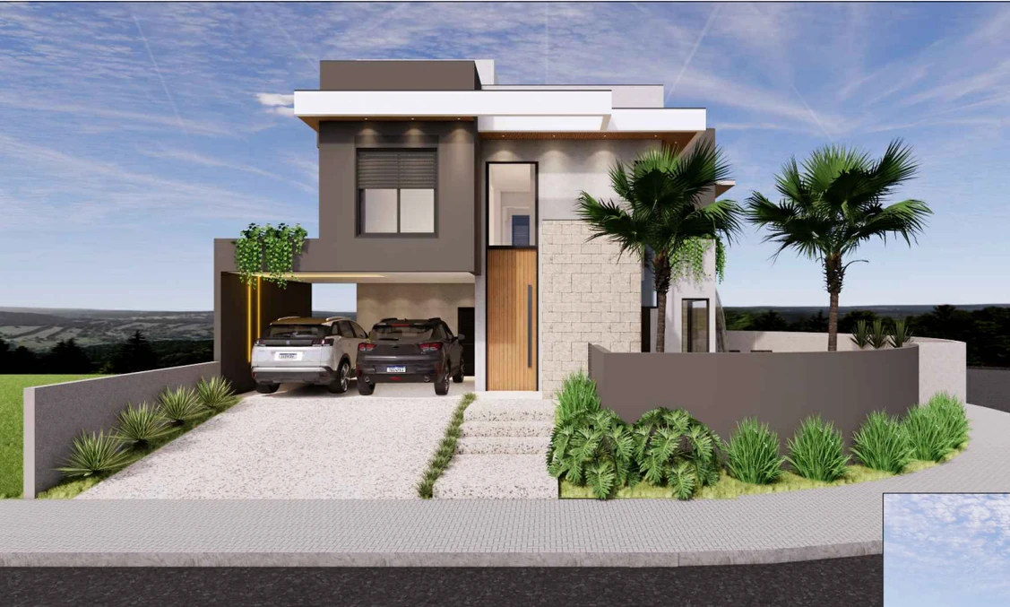 Fachada frontal da Casa Pôr do Sol, Paradise Gardens, em Mogi das Cruzes — Imagem ilustrativa do projeto — Ref. 0081
