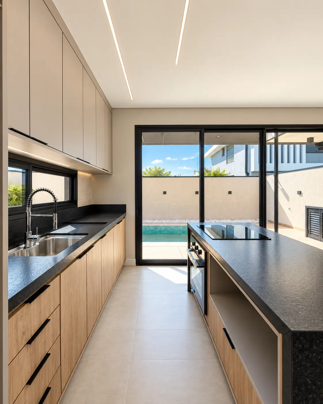 Cozinha planejada com ilha e vista para a piscina no Paradise Gardens — Ref. 0074