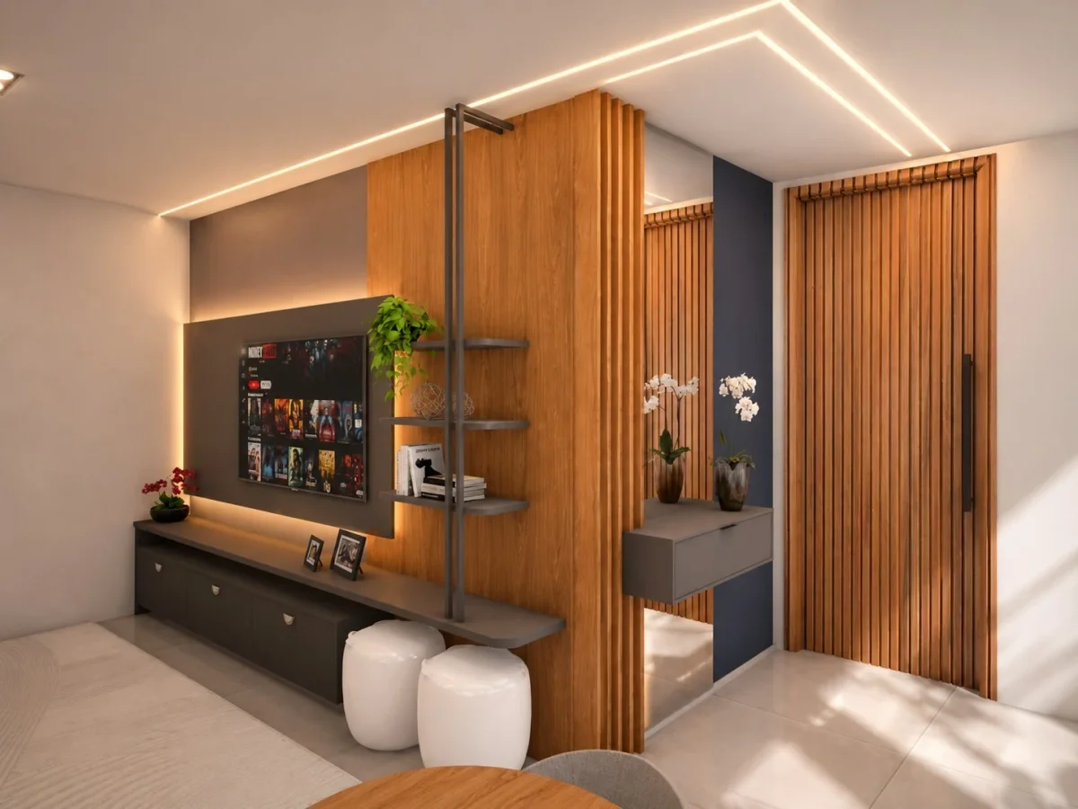 Imagem ilustrativa do projeto: painel e rack da sala, Paradise Gardens, Mogi das Cruzes — Ref. 0095