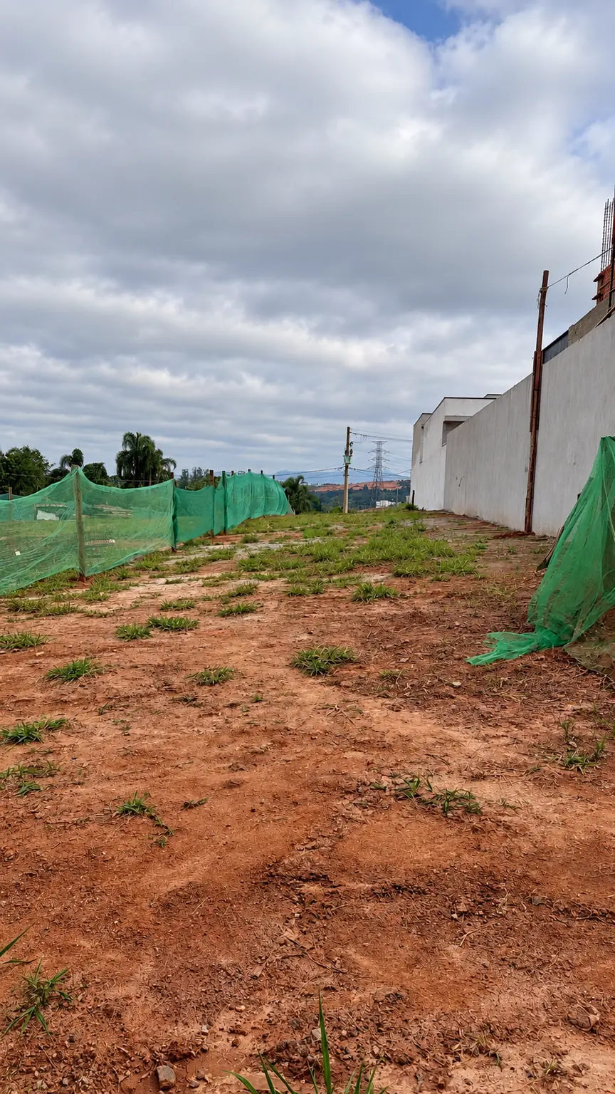 Vista interna do lote em direção à rua e às casas do condomínio