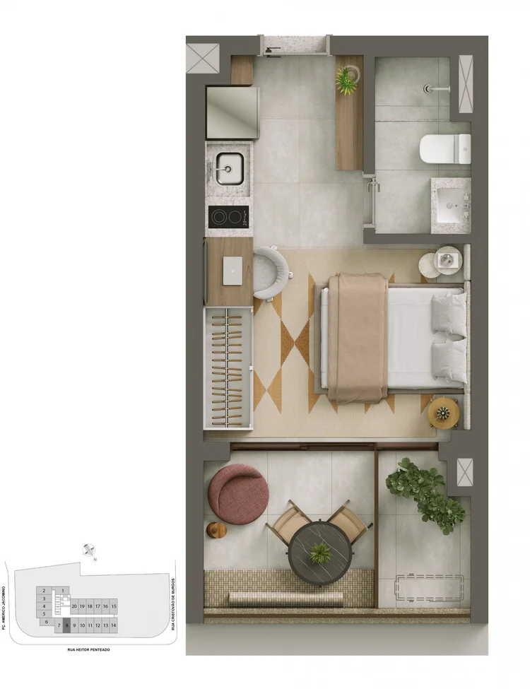 Planta ilustrativa do studio de 27,34 m², final 8, com sugestão de decoração