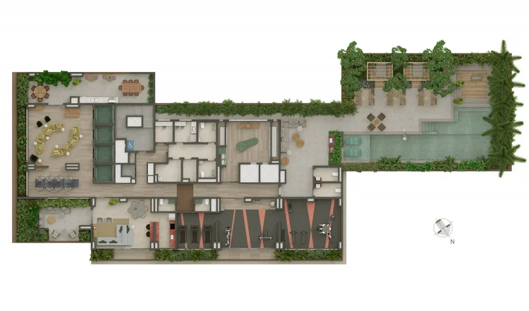 Planta do quinto pavimento com as áreas comuns dos studios