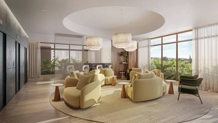 Perspectiva artística do lounge e coworking residencial