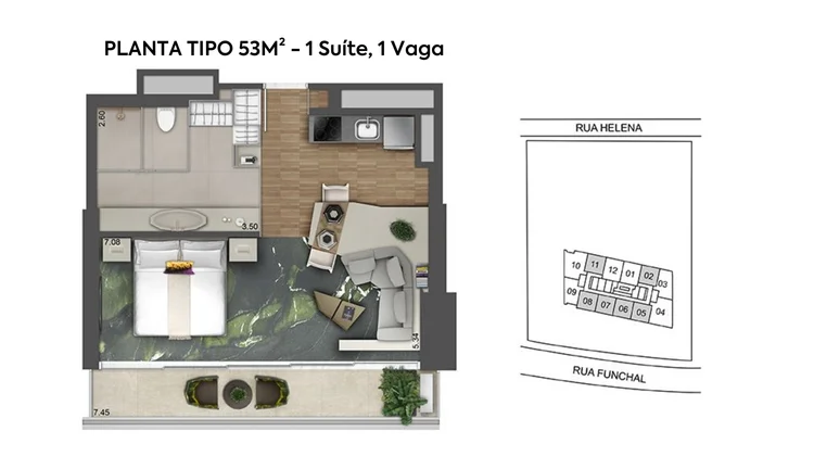 Planta: Studio · distribuição ilustrada com suíte — W Residences São Paulo