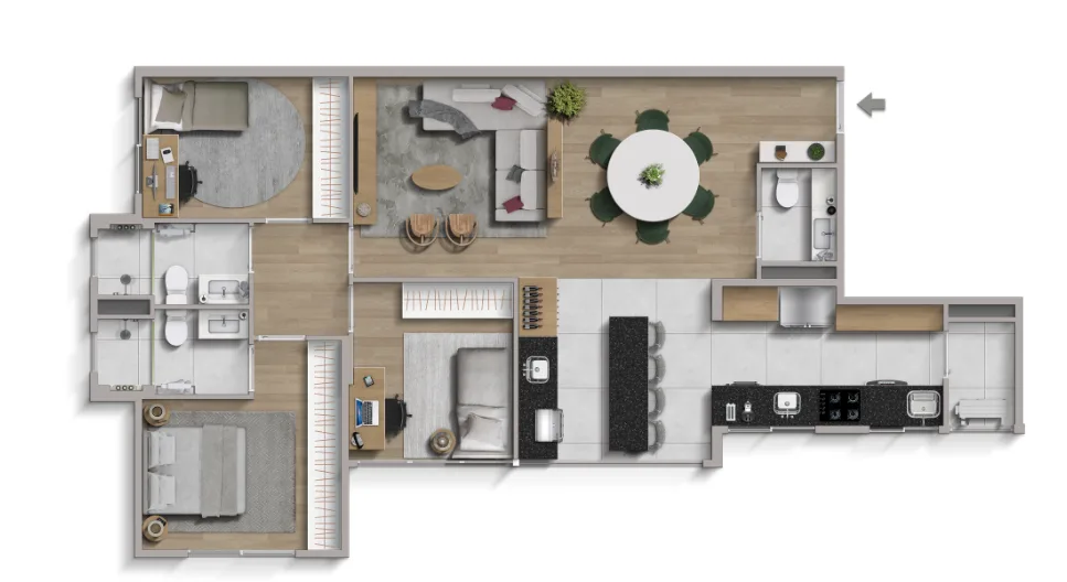 Planta ilustrativa do Residencial Oliveira — 97,24 m² · configuração padrão