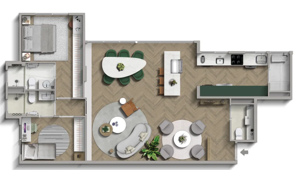 Planta ilustrativa do Residencial Oliveira — 100,87 m² · duas suítes e sala ampliada