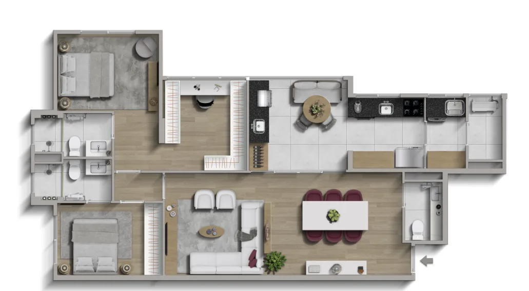 Planta ilustrativa do Residencial Oliveira — 100,87 m² · duas suítes, closet e cozinha com copa