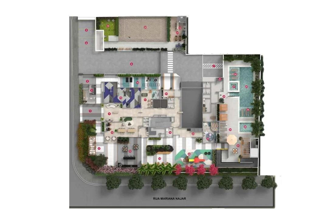 Implantação ilustrativa das áreas sociais e de lazer do Residencial Oliveira