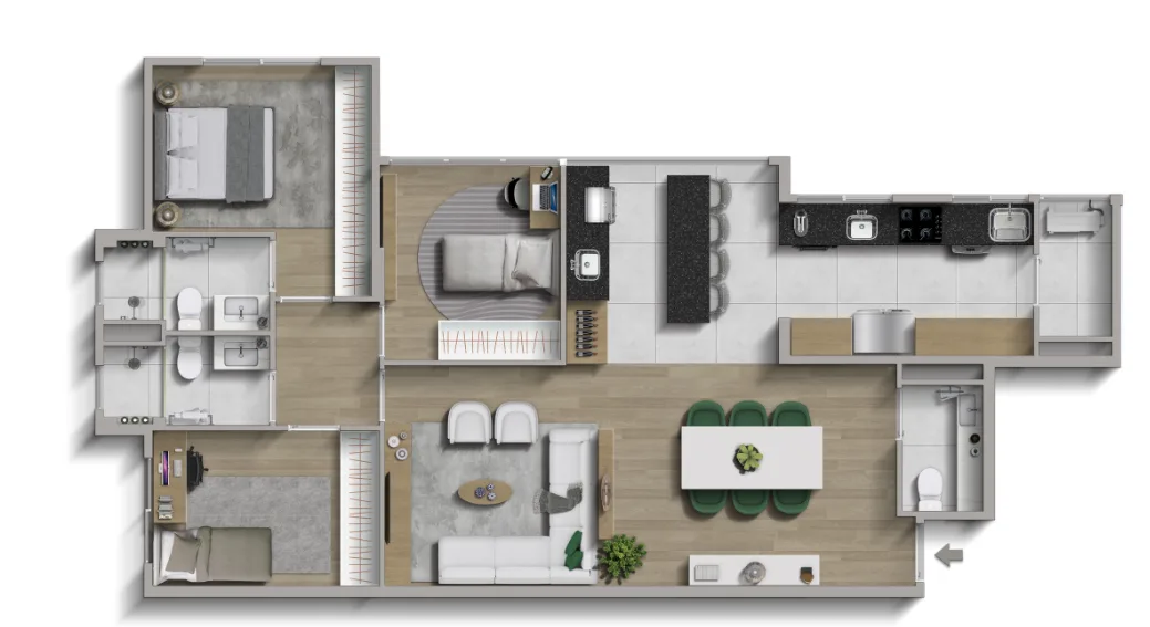 Planta ilustrativa do Residencial Oliveira — 100,87 m² · configuração padrão