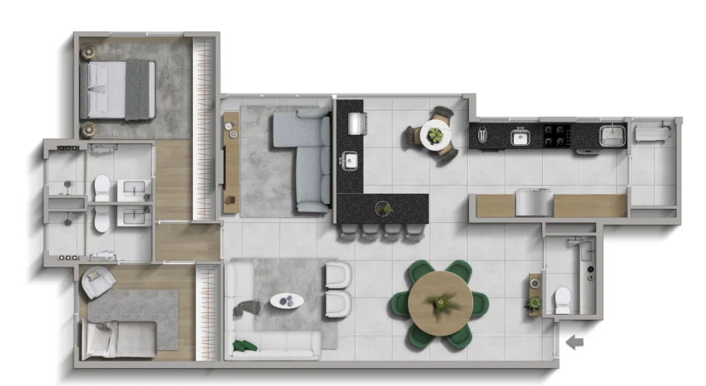 Planta ilustrativa do Residencial Oliveira — 100,87 m² · duas suítes e home theater