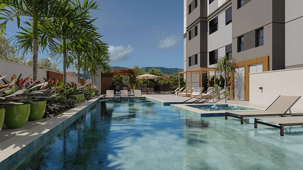 Piscinas e deck do Residencial Oliveira — perspectiva artística