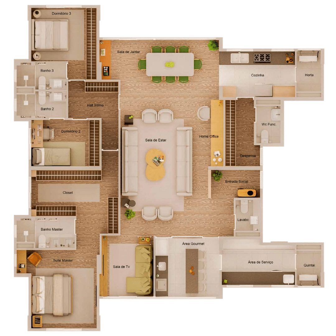 Planta ilustrativa do Residencial Oliveira — Junção · aproximadamente 198 m²