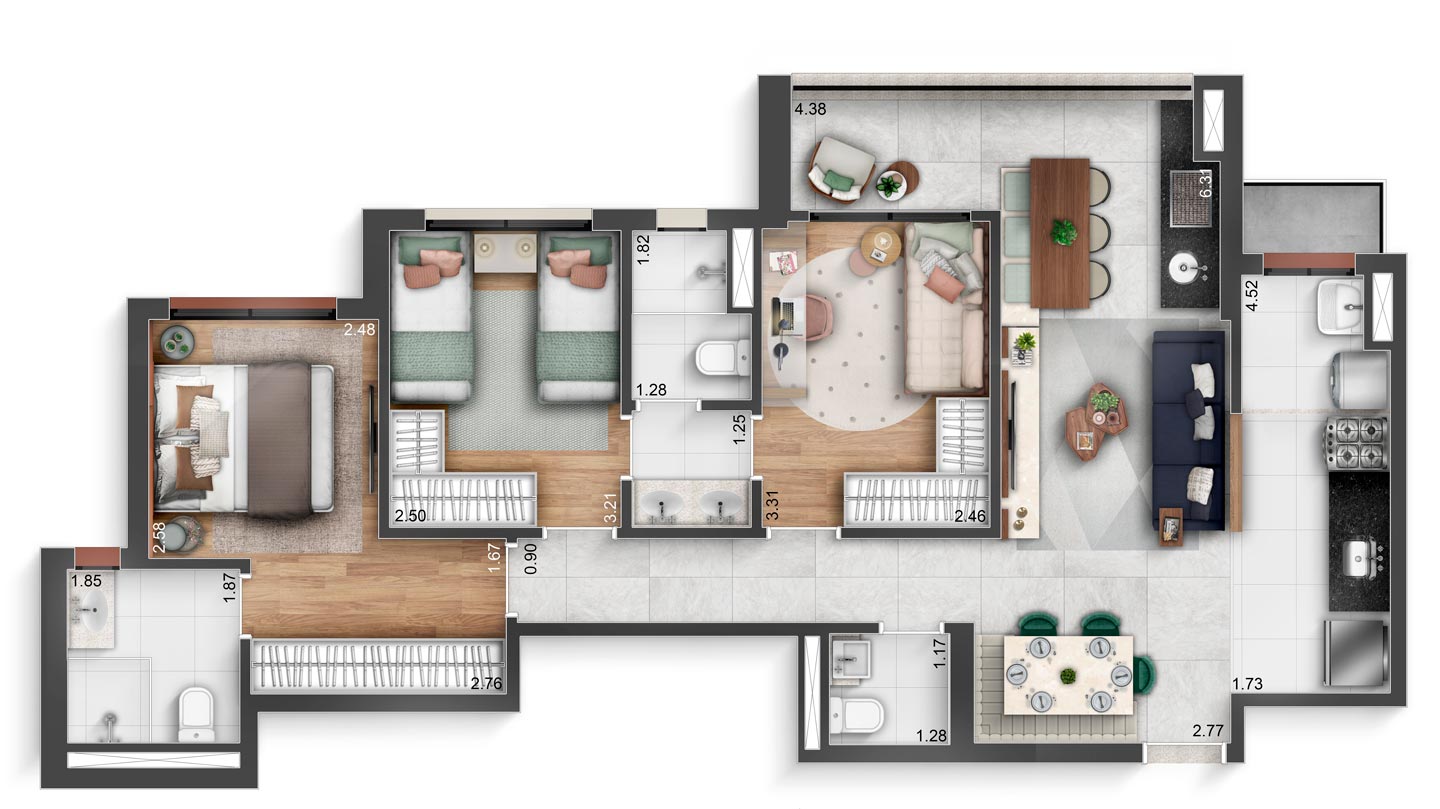 83 m² — planta tipo do Soho Galeria — planta ilustrativa.