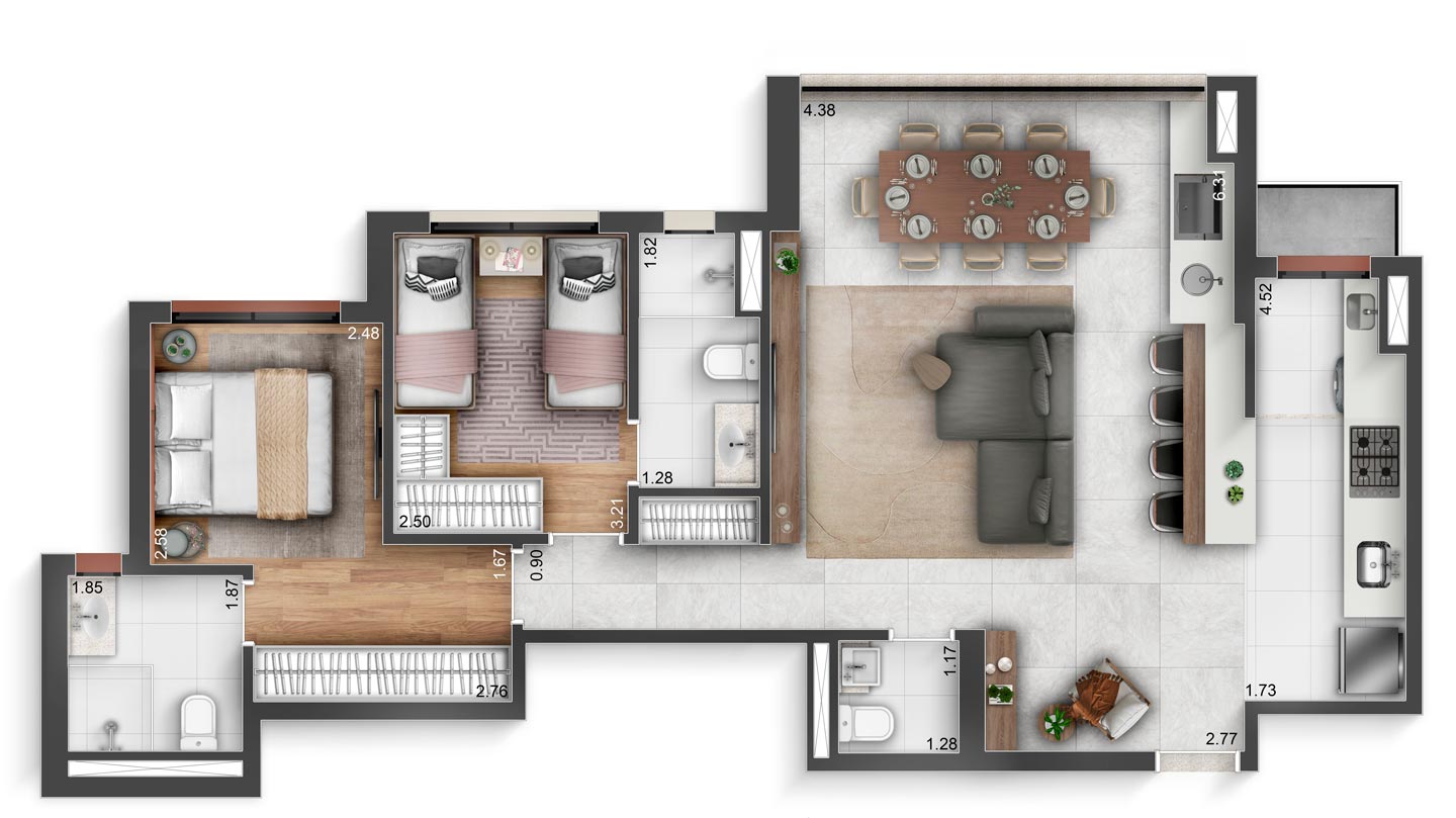 83 m² — opção com living ampliado do Soho Galeria — planta ilustrativa.