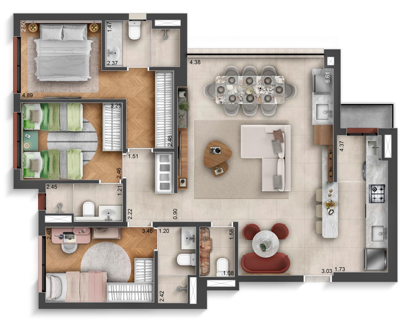 95 m² — opção decorado com living ampliado do Soho Galeria — planta ilustrativa.