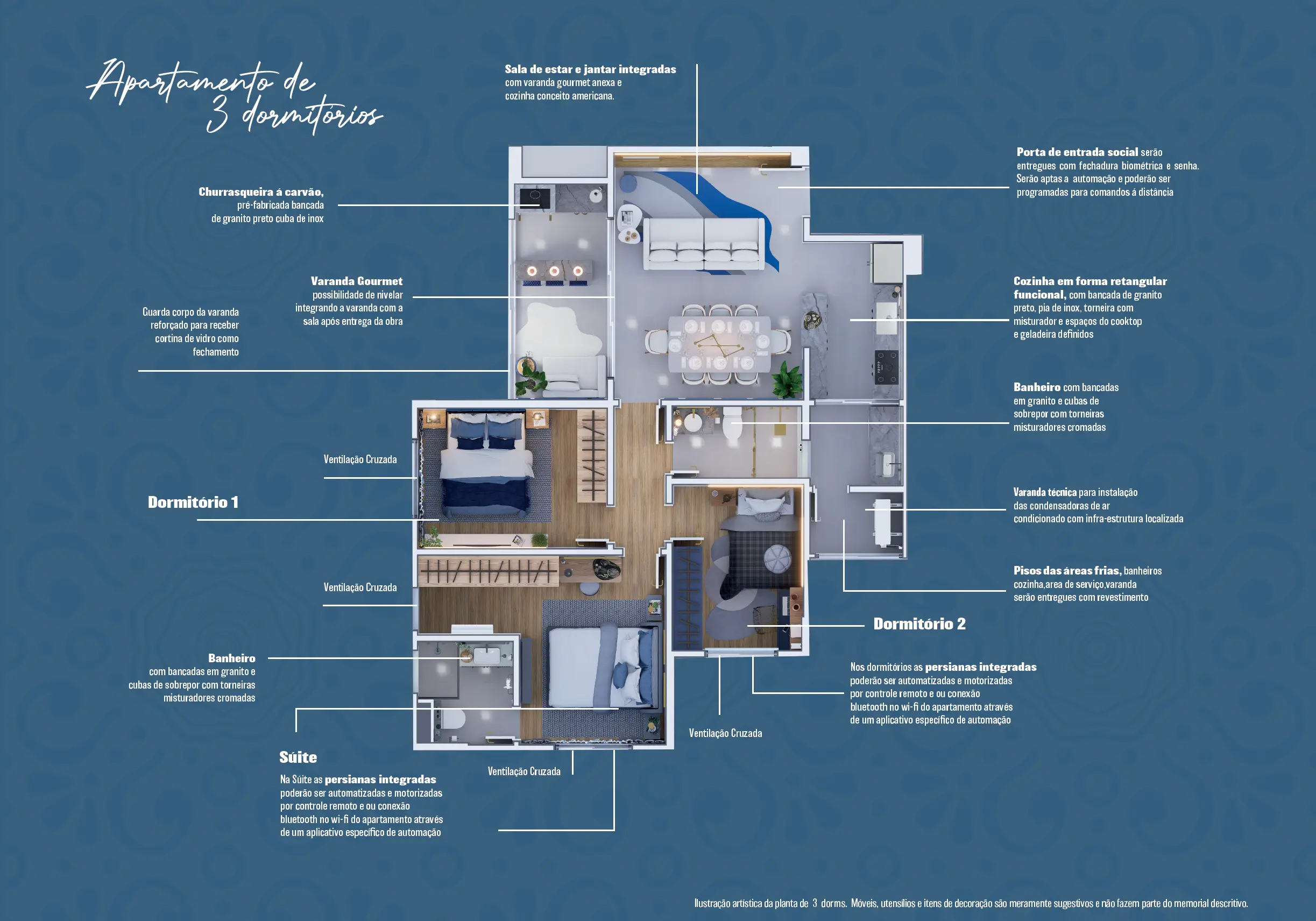 Planta ilustrada do apartamento de 3 dormitórios do Santorini — ilustração artística.