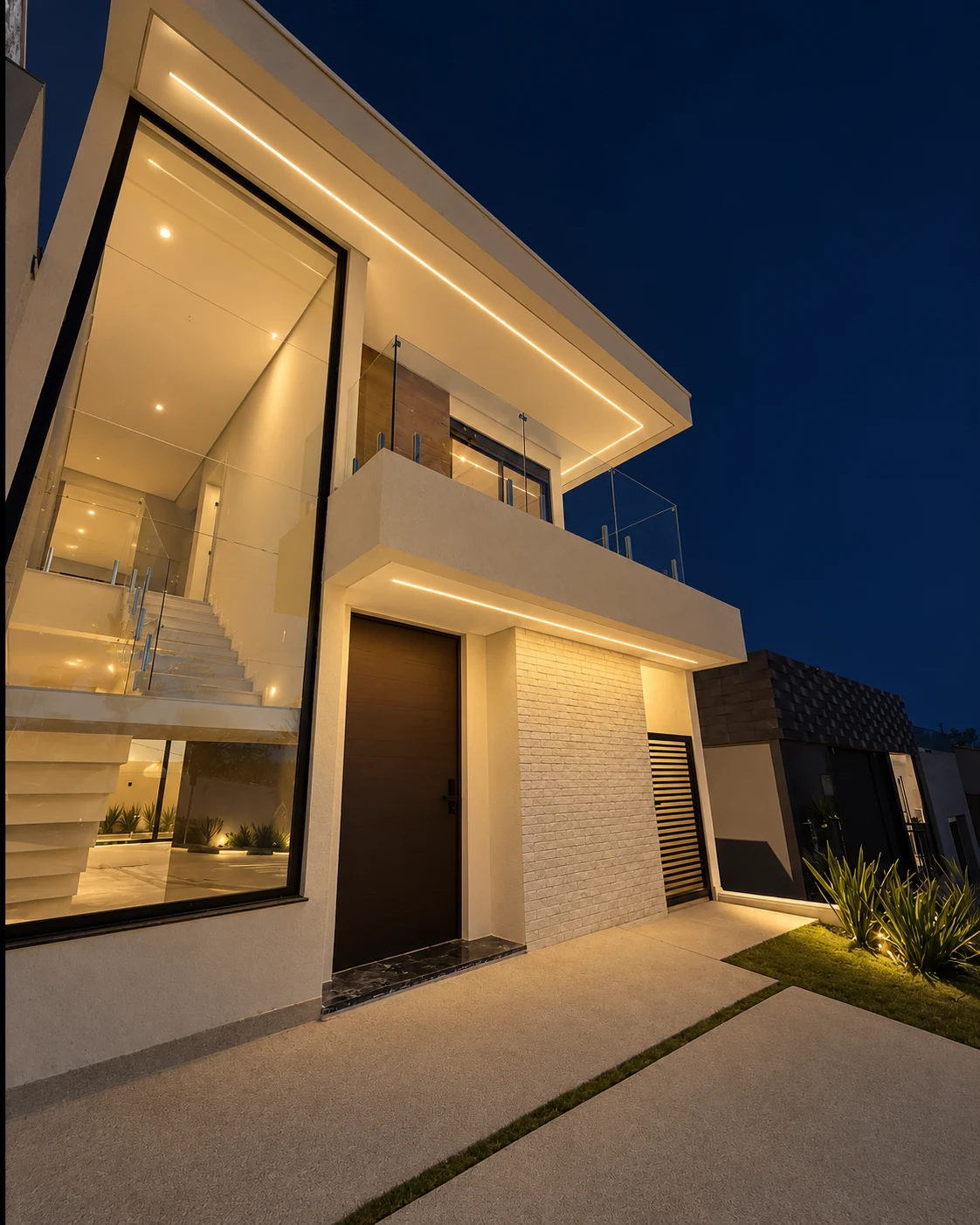 Fachada do sobrado com varanda, guarda-corpo de vidro e janela vertical da escada — iluminação noturna editada