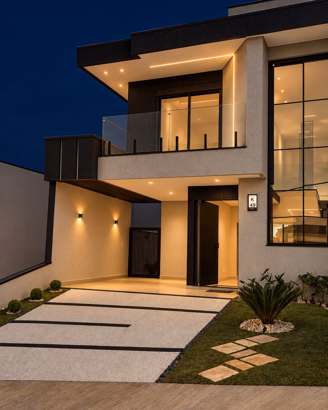Fachada da casa no Paradise Gardens, Mogi das Cruzes, com varanda, vidro e iluminação externa