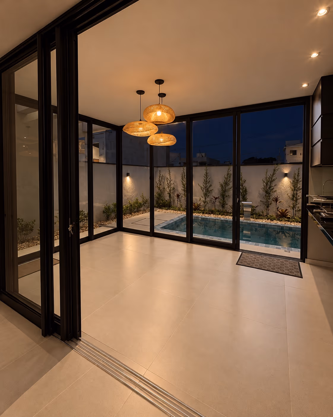 Integração da área gourmet com a piscina por portas de vidro