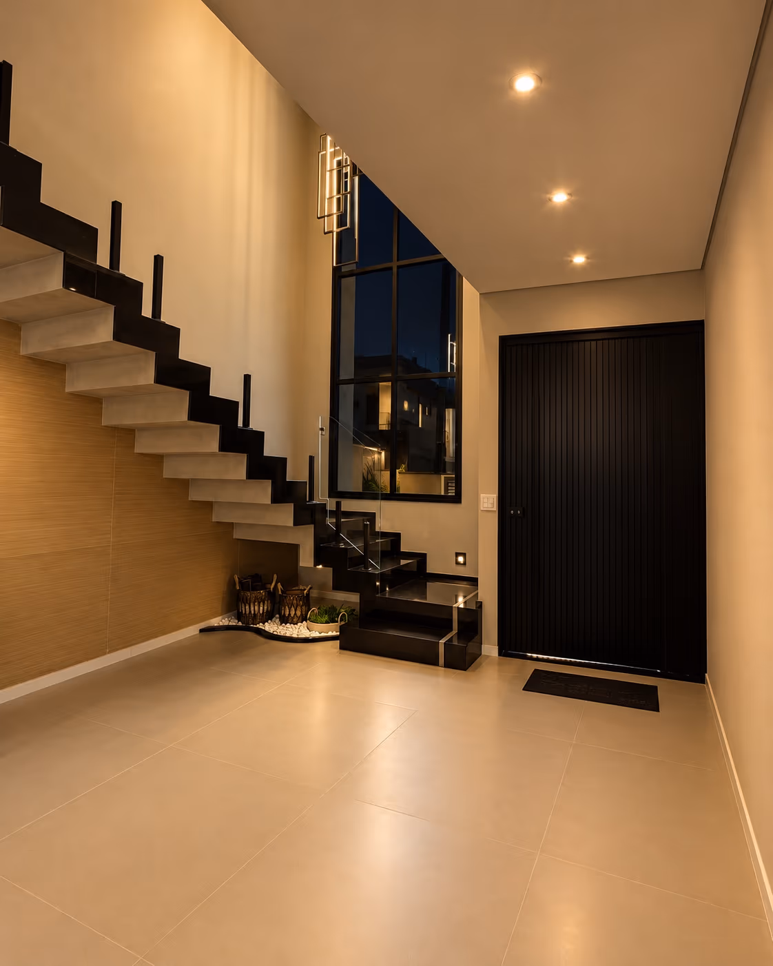 Sala de entrada com escada e esquadrias escuras